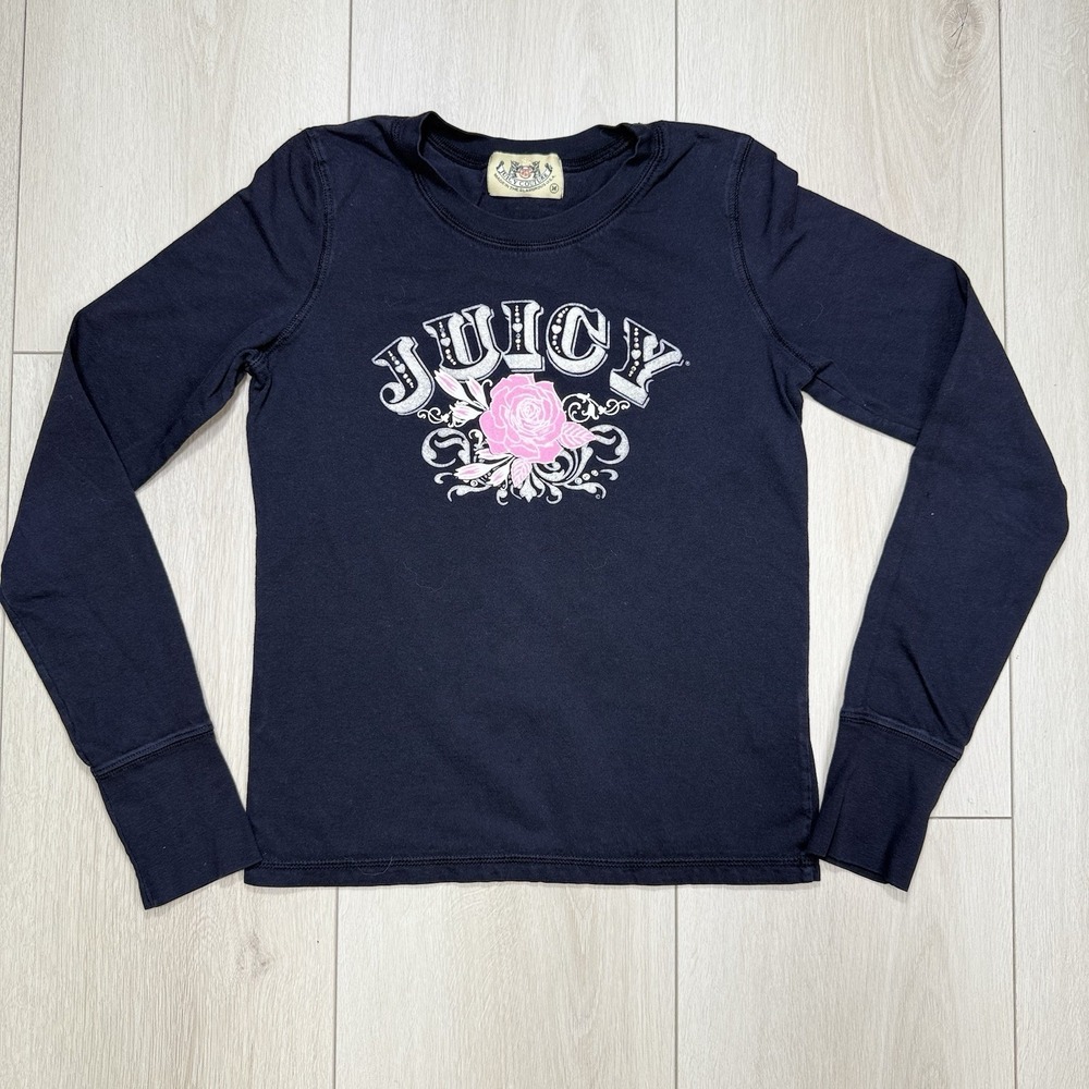Y2K Juicy Couture Size M Black‎ Long Sleeve Tee Pink Rose Logo Graphic Cotton